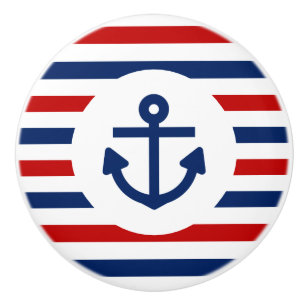 Nautical Marine Navy Blue Red White Stripes Anchor Ceramic Knob