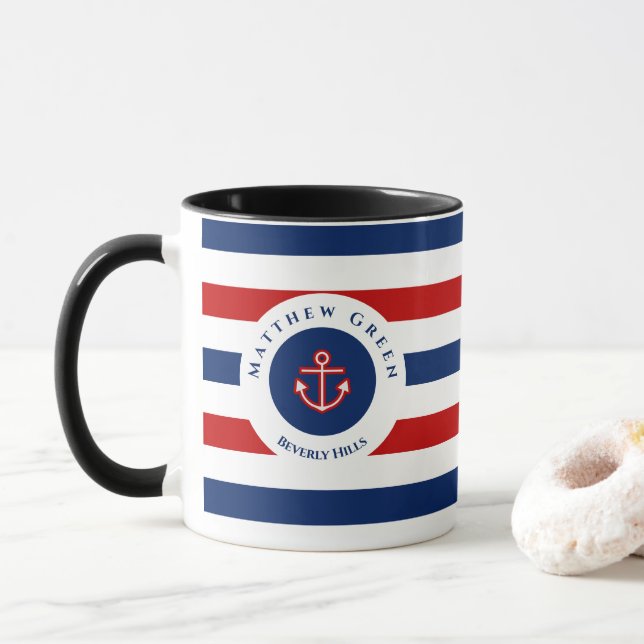 Nautical Marine Navy Blue Red White Stripes Anchor Mug (With Donut)