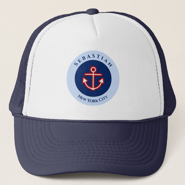 Nautical Marine Navy Blue Red White Stripes Anchor Trucker Hat (Front)
