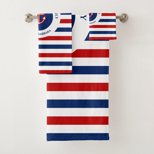 Nautical Marine Navy Blue Red White Stripes Bath Towel Set (Insitu)