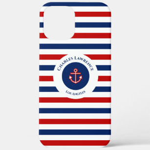 Nautical Marine Navy Blue Red White Stripes iPhone 12 Pro Max Case