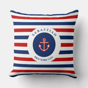 Nautical Marine Navy Blue Red White Stripes Cushion