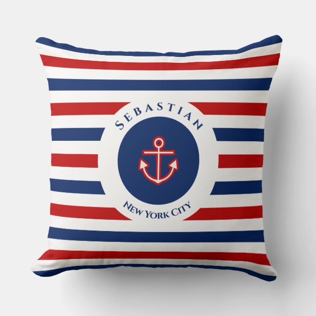 Nautical Marine Navy Blue Red White Stripes Cushion (Front)