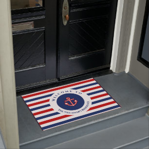 Nautical Marine Navy Blue Red White Stripes Doormat