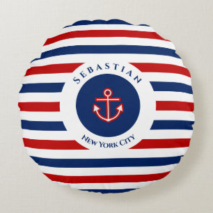 Nautical Marine Navy Blue Red White Stripes Round Cushion