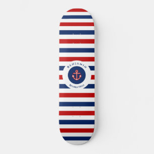 Nautical Marine Navy Blue Red White Stripes Skateboard