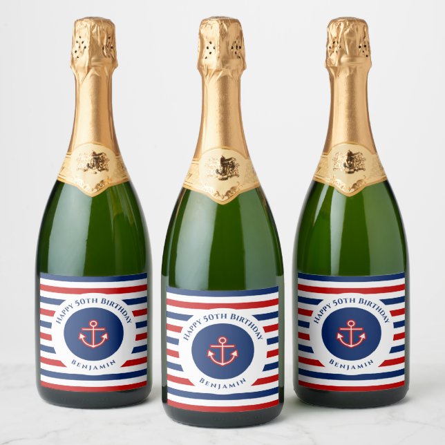 Nautical Marine Navy Blue Red White Stripes Sparkling Wine Label (Bottles)