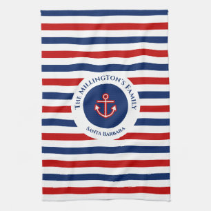 Nautical Marine Navy Blue Red White Stripes Tea Towel