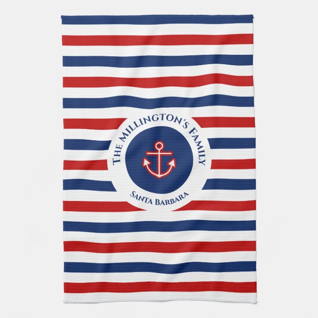 Nautical Marine Navy Blue Red White Stripes Tea Towel (Vertical)