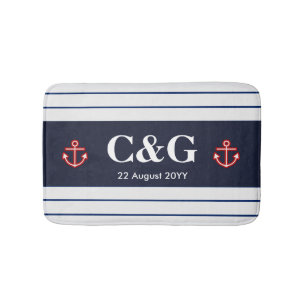 Nautical Marine Navy Blue White Stripes Bath Mat
