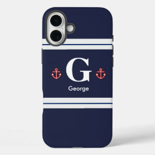 Nautical Marine Navy Blue White Stripes iPhone 16 Plus Case