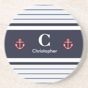 Nautical Marine Navy Blue White Stripes Coaster