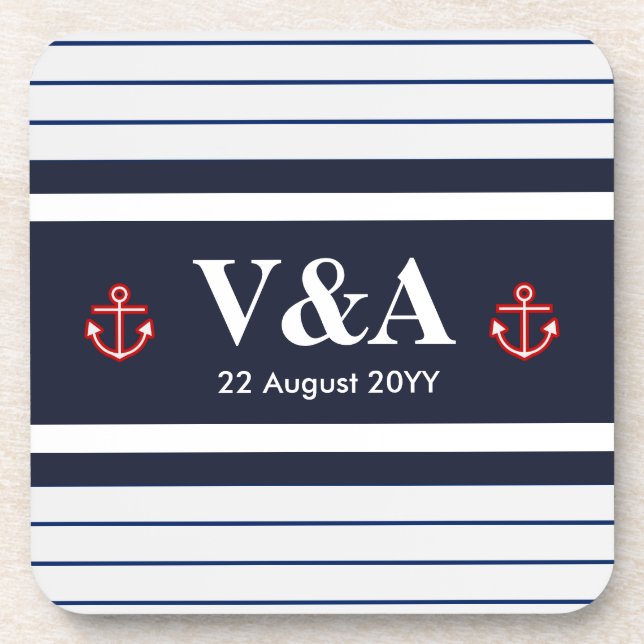 Nautical Marine Navy Blue White Stripes Coaster (Front)