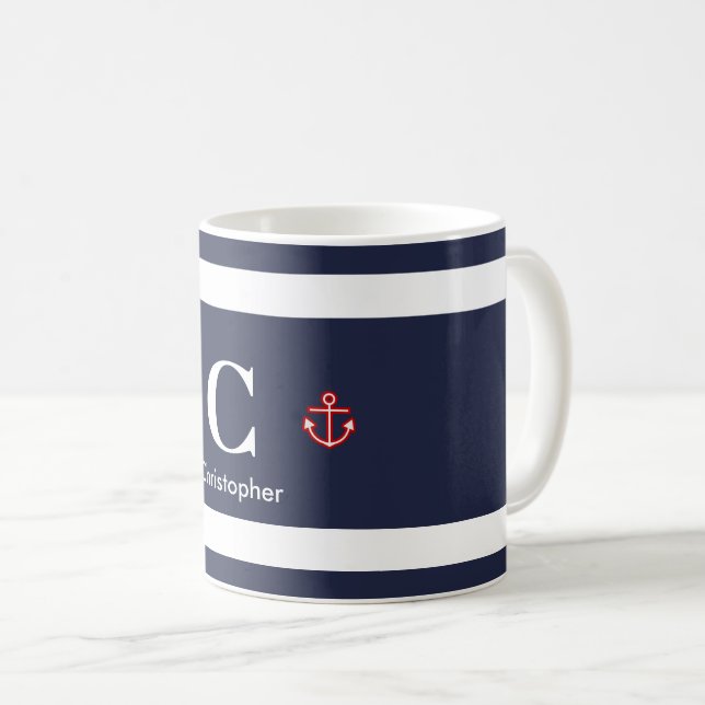 Nautical Marine Navy Blue White Stripes Coffee Mug (Front Right)