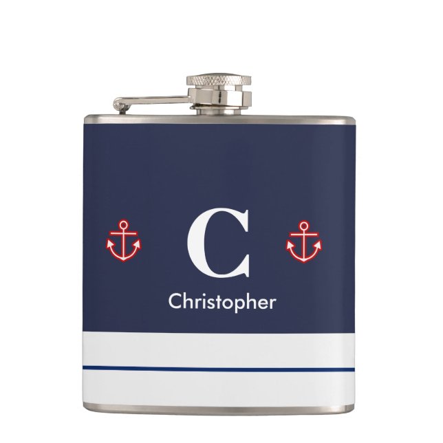 Nautical Marine Navy Blue White Stripes Hip Flask (Front)