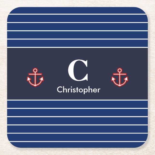 Nautical Marine Navy Blue White Stripes Square Paper Coaster (Front)