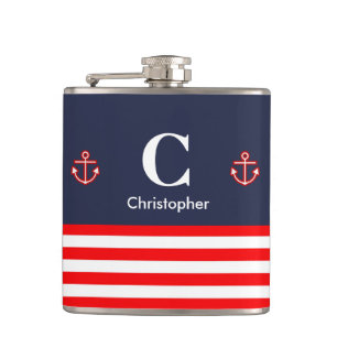 Nautical Marine Navy Royal Red White Stripes Hip Flask