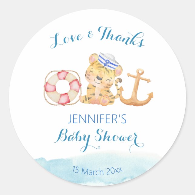 Nautical marine sailing sailor tiger baby shower classic round sticker (Front)