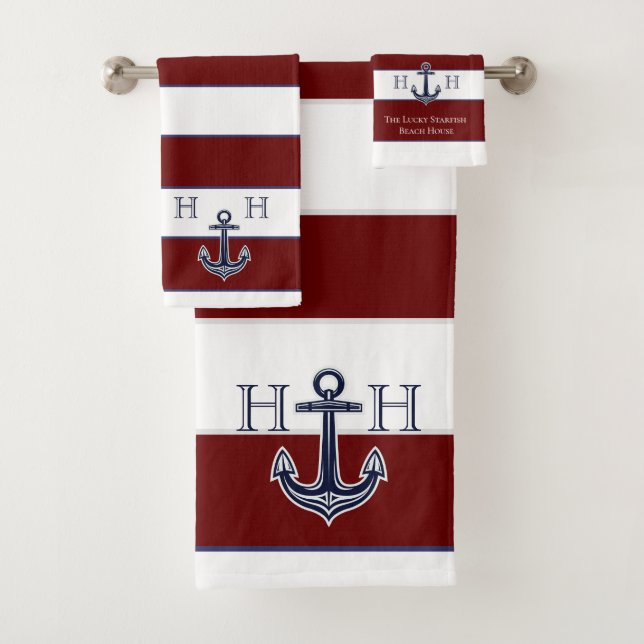 Nautical Maroon Navy Anchor Coastal Monogram Name  Bath Towel Set (Insitu)