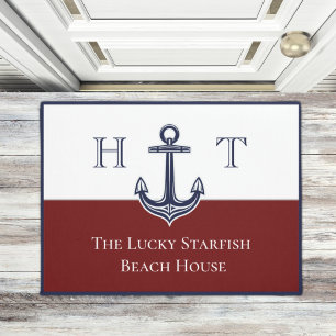 Nautical Maroon Red Anchor Coastal Monogrammed Doormat