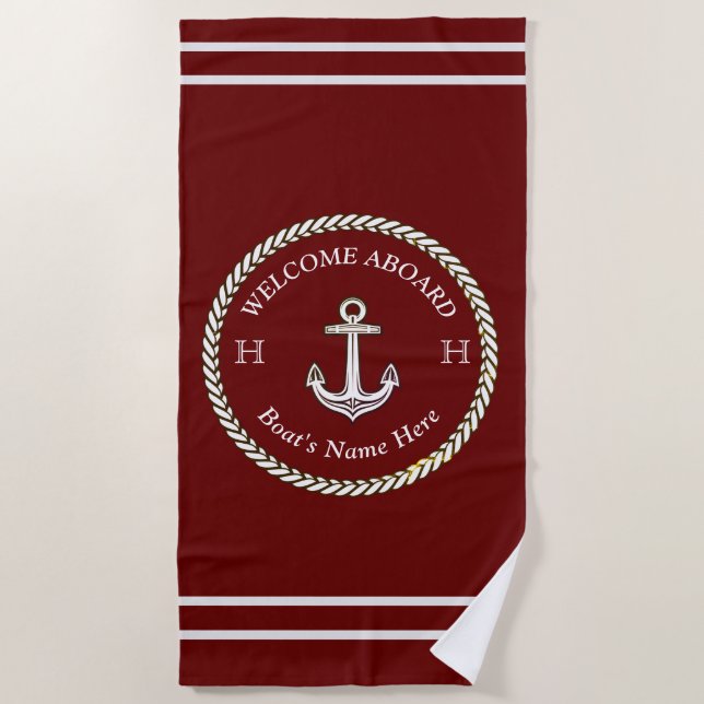 Nautical Maroon Red Boat Name Anchor Rope Beach Towel (Front)