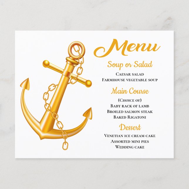 Nautical Menu Anchor Gold Wedding Beach Summer (Front)