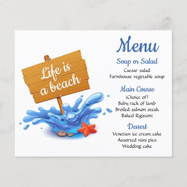 Nautical Menu Blue Beach Ocean Wedding Party (Front)