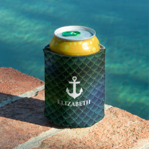 Nautical Mermaid Pattern Anchor Name Can Cooler