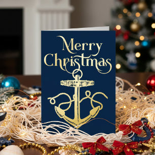Nautical Merry Christmas Anchor Navy Gold  Foil Holiday Card