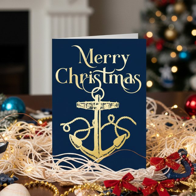 Nautical Merry Christmas Anchor Navy Gold  Foil Holiday Card (Creator Uploaded)