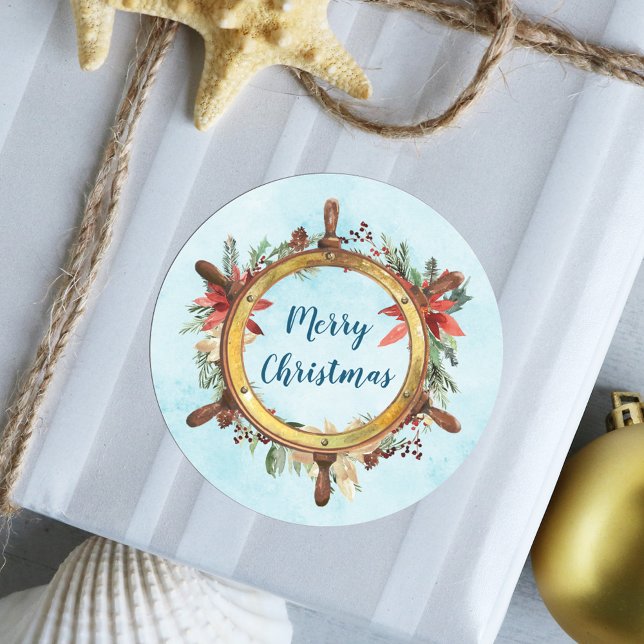Nautical Merry Christmas Ship Wheel Classic Round Sticker (Creator Uploaded)
