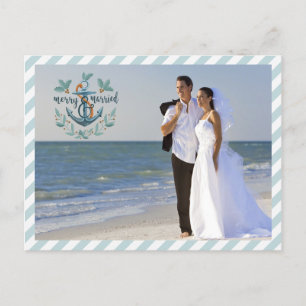 Nautical Merry & Married, Teal Stripes, Two Photos Holiday Postcard