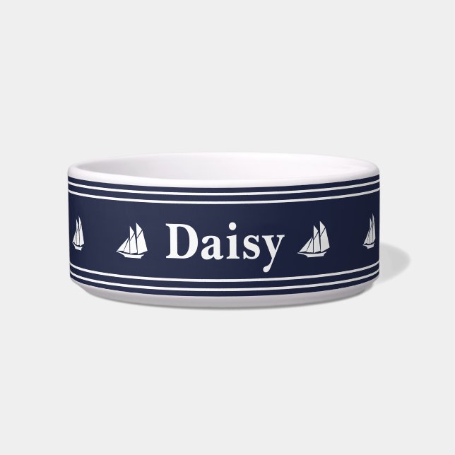 Nautical Midnight Blue & White Pet Name Sailboats Bowl (Front)