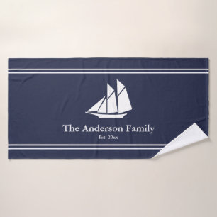 Nautical Midnight Blue & White Sailboat Text Name Bath Towel Set