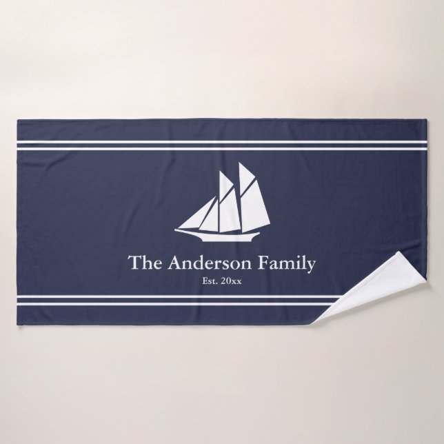 Nautical Midnight Blue & White Sailboat Text Name Bath Towel Set (Bath Towel)