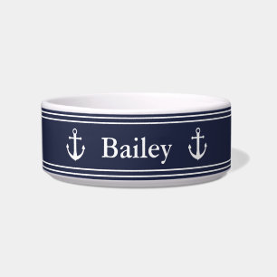 Nautical Midnight Blue with Name and White Anchors Bowl