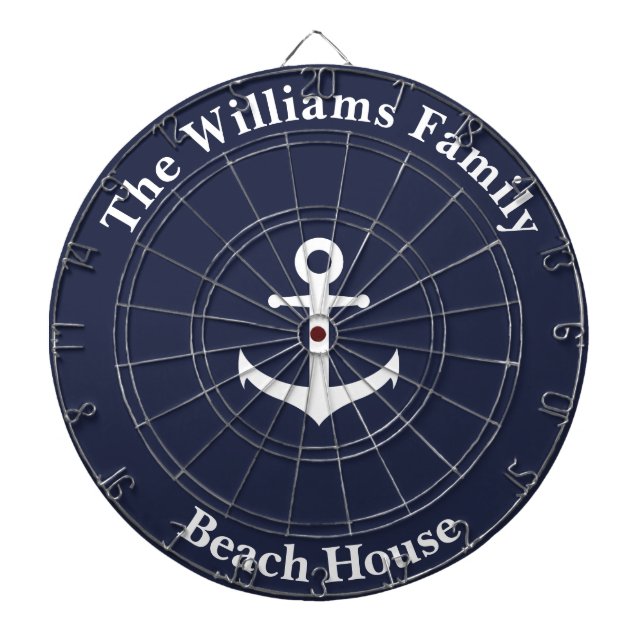 Nautical Midnight Blue with White Anchor & Text Dartboard (Front)