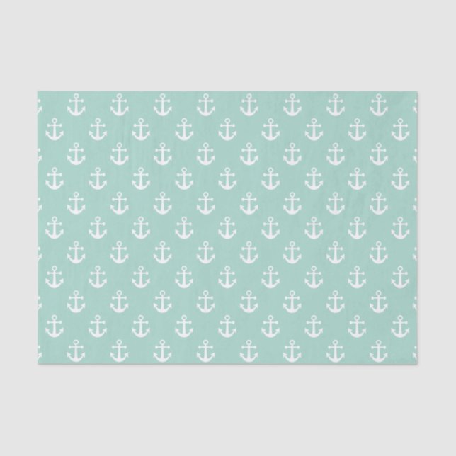 Nautical Mint Green and White Anchor Pattern Tissue Paper (Front)