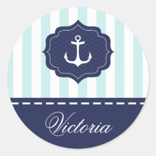 Nautical Mint Navy Blue Anchor Custom Name Classic Round Sticker