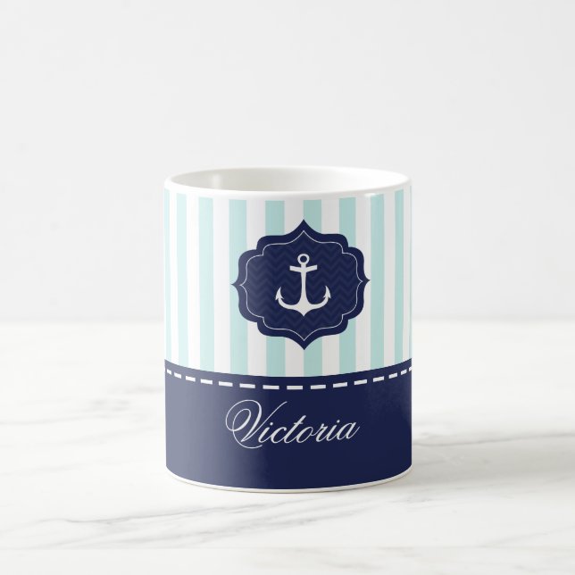 Nautical Mint Navy Blue Anchor Custom Name Coffee Mug (Center)