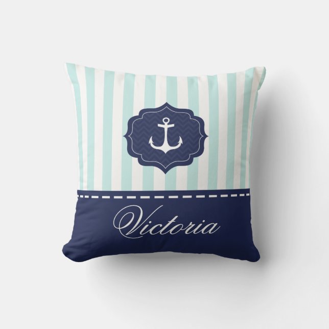 Nautical Mint Navy Blue Anchor Custom Name Cushion (Front)
