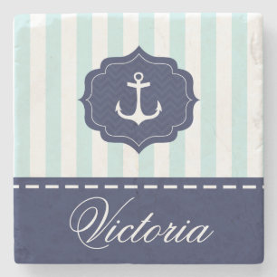 Nautical Mint Navy Blue Anchor Custom Name Stone Coaster