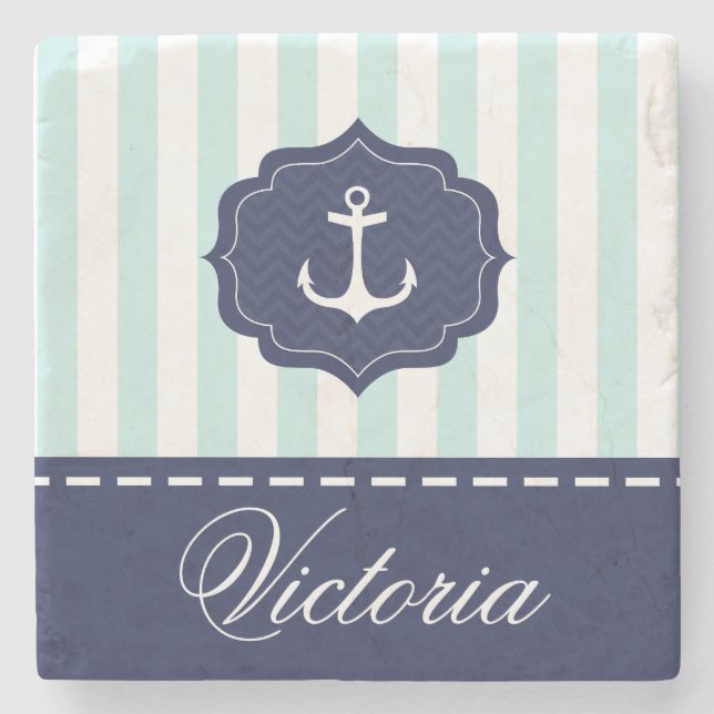 Nautical Mint Navy Blue Anchor Custom Name Stone Coaster (Front)