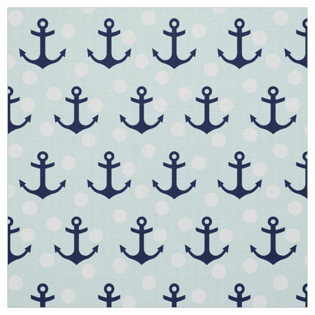 Nautical Mint Polka Dots And Navy Blue Anchors Fabric (Swatch)