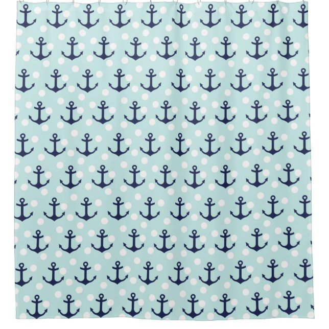 Nautical Mint Polka Dots And Navy Blue Anchors Shower Curtain (Front)