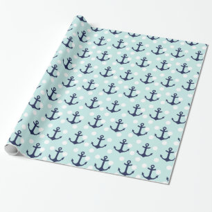 Nautical Mint Polka Dots And Navy Blue Anchors Wrapping Paper