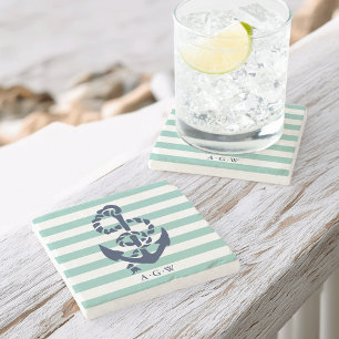Nautical Mint Stripe & Navy Anchor Monogram Stone Coaster
