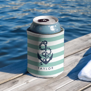Nautical Mint Stripe & Navy Anchor Personalised Can Cooler