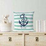 Nautical Mint Stripe & Navy Anchor Personalised Cushion<br><div class="desc">Nautical throw pillow features a classic navy blue anchor and rope illustration on a mint green and white stripe background. Personalise with a name or text of your choice, or simply delete the sample text to leave blank. Perfect addition to nautical or beach themed nurseries. Coordinating accessories available in our...</div>