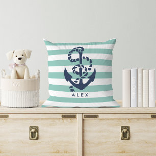 Nautical Mint Stripe & Navy Anchor Personalised Cushion